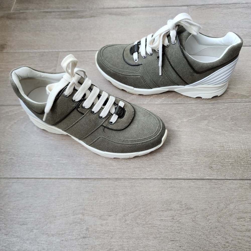 New Chanel Khaki Canvas CC Sneakers